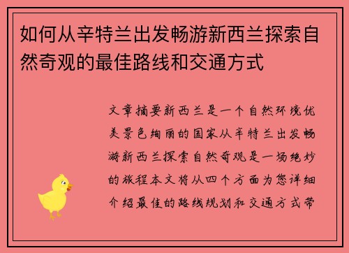 如何从辛特兰出发畅游新西兰探索自然奇观的最佳路线和交通方式